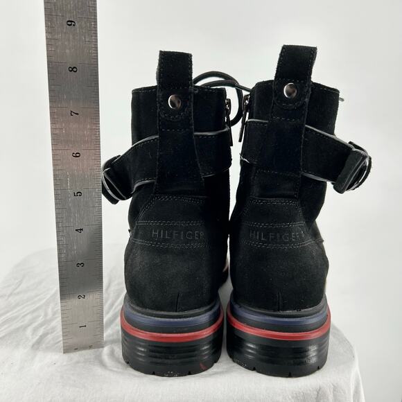 NWOB Womens Black Leather Tommy Hilfiger Buckle Platform Combat Ankle Boots 8.5M - Picture 7 of 8
